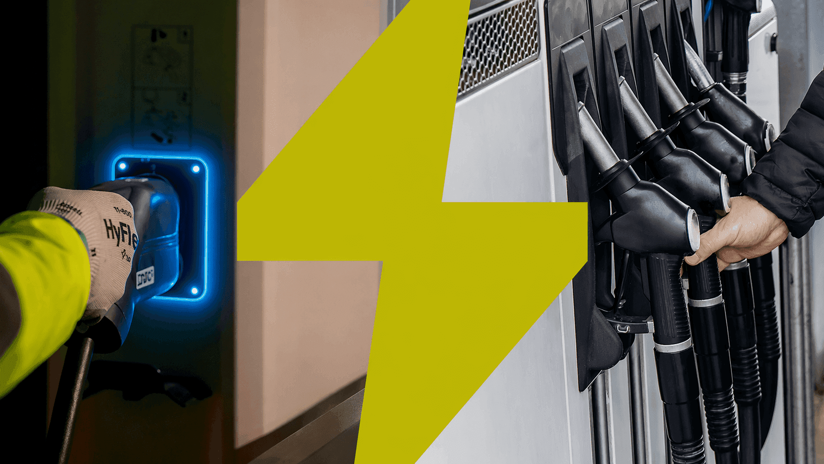 Conector de carga de camión eléctrico frente a camión diésel con mangueras de combustible