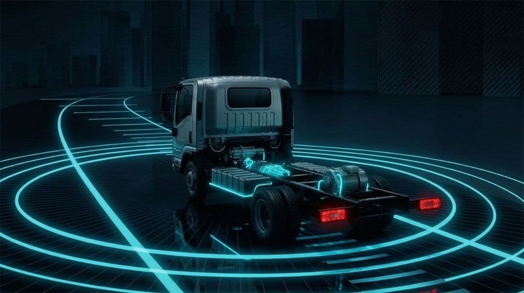 Camión de carga JAC Motors con gáficos de tecnología de sistemas ADAS y asistencia a la condución.