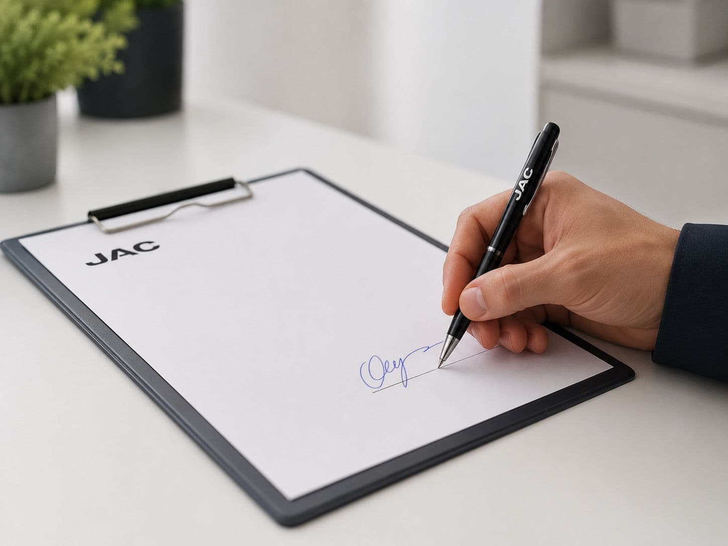 Mano firmando con un bolígrafo un contrato de JAC sobre una mesa