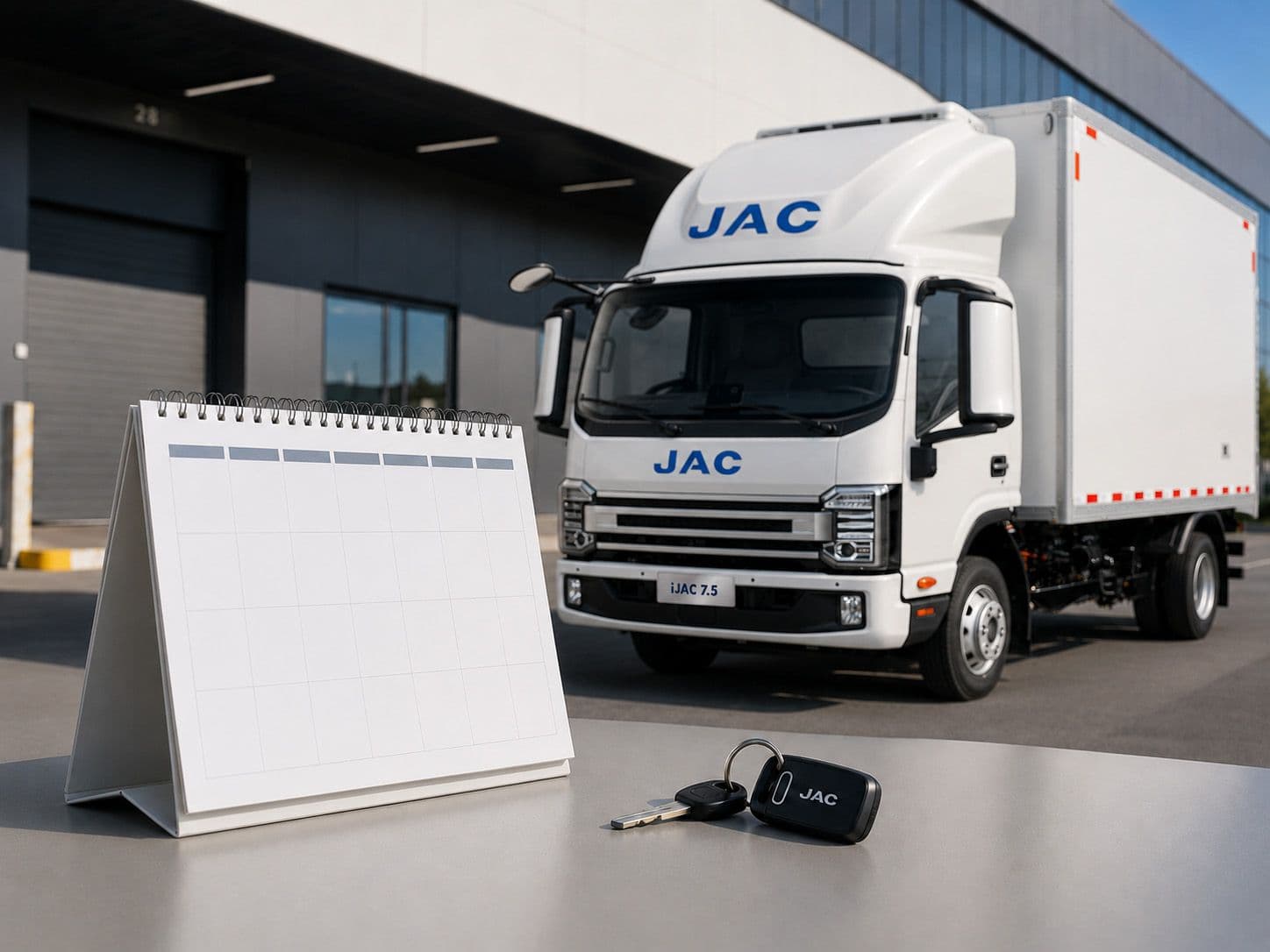 Camión JAC al fondo, con un calendario y unas llaves del vehículo en primer plano