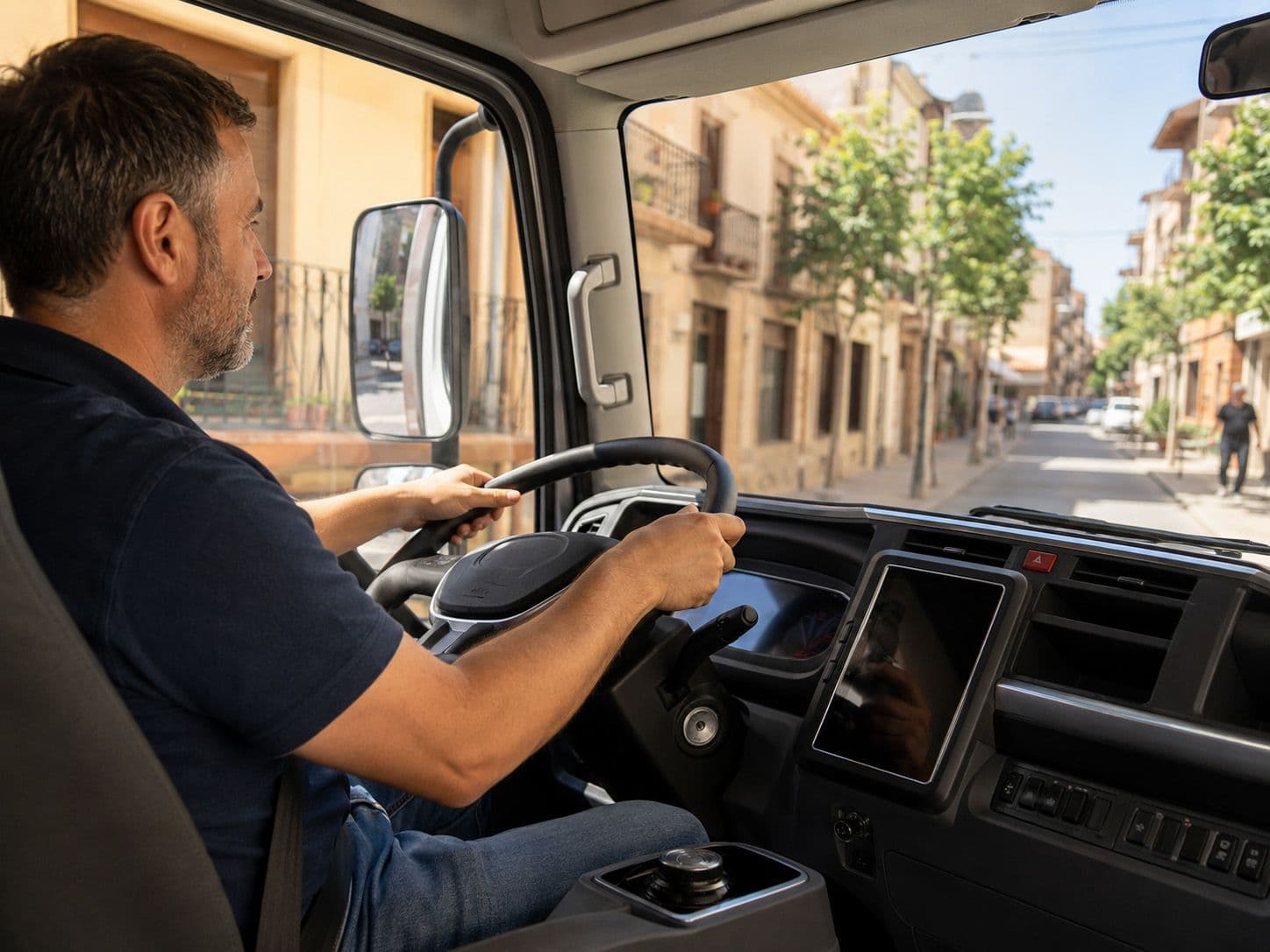 Conductor al volante de un camión JAC durante una prueba de conducción